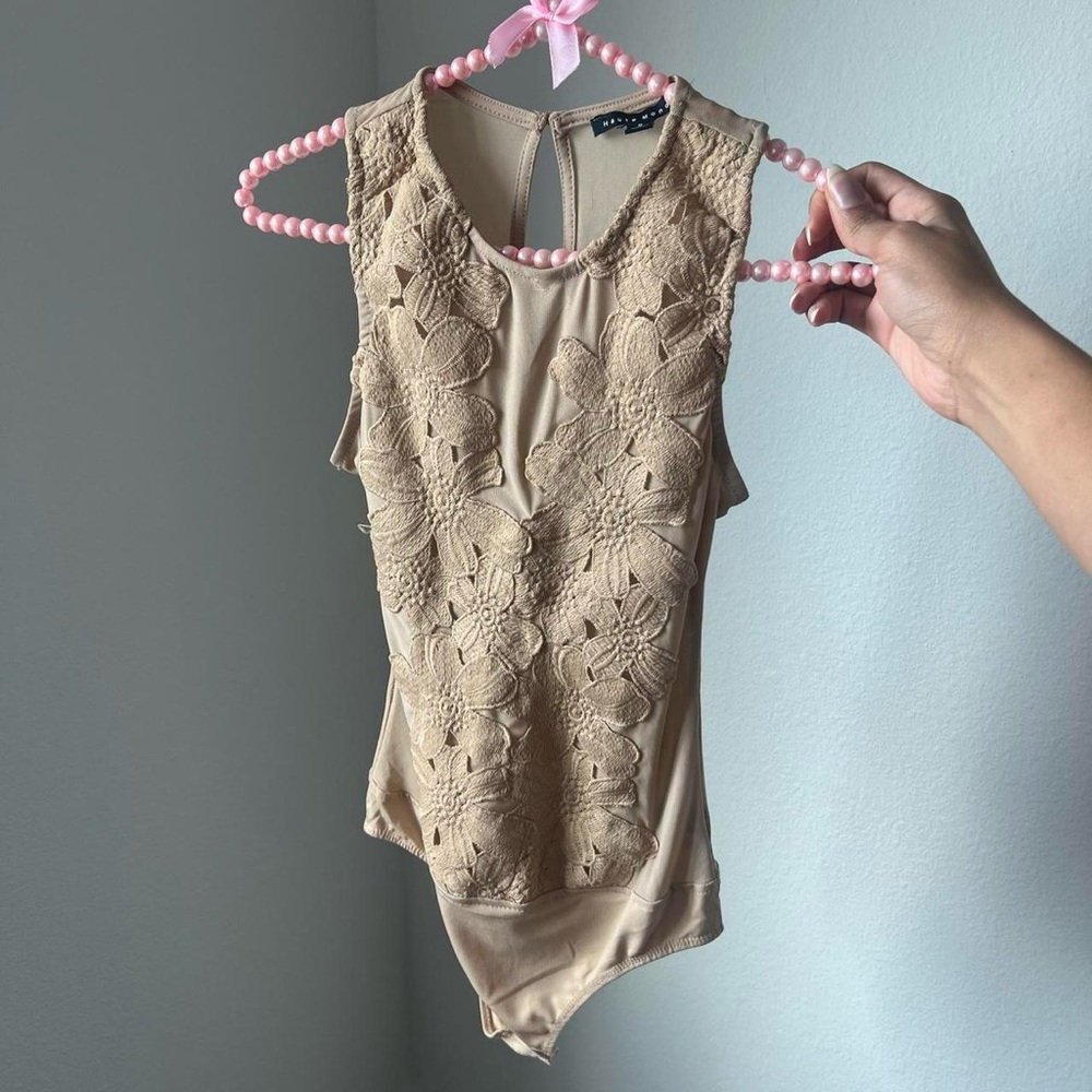 beige mesh bodysuit with lace floral appliqués